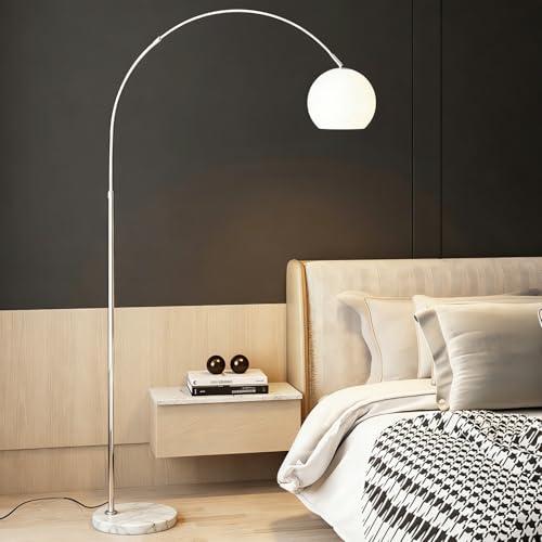Modern White Arc Floor Lamp for Living Room,77 in Tall | Milk Glass Lampshade,Marble Base,Soft Diffused Glow,Extendable Chrome Arm,Ideal for Couch and Bedroom,Adjustable Height - color: White-Glass