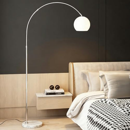 Modern White Arc Floor Lamp for Living Room,77 in Tall | Milk Glass Lampshade,Marble Base,Soft Diffused Glow,Extendable Chrome Arm,Ideal for Couch and Bedroom,Adjustable Height - color: White-Glass