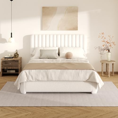 Queen Size Cloud Bed Frame, Upholstered Boucle Platform Bed with Round Corner Adjustable Headboard, Modern Style, No Box Spring Needed, Never Squeak, Easy Assembly, White - color: Beige, size: Queen