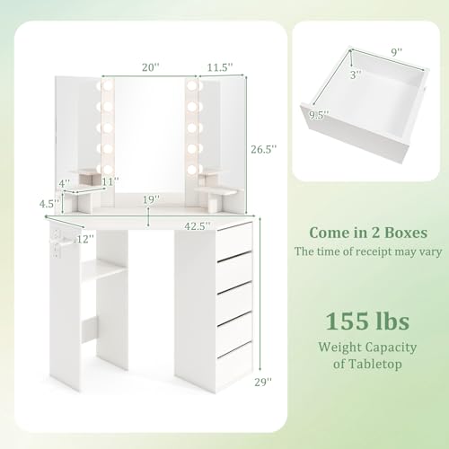 CHARMAID Corner Vanity Desk with Mirror and Lights, White Makeup Vanity Table with 5 Drawers, Storage Shelves, Charging Station, 3 Lighting Modes, Compact Vanity Dressing Table for Small Space