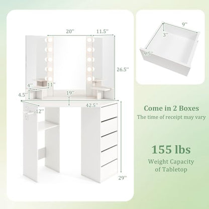 CHARMAID Corner Vanity Desk with Mirror and Lights, White Makeup Vanity Table with 5 Drawers, Storage Shelves, Charging Station, 3 Lighting Modes, Compact Vanity Dressing Table for Small Space