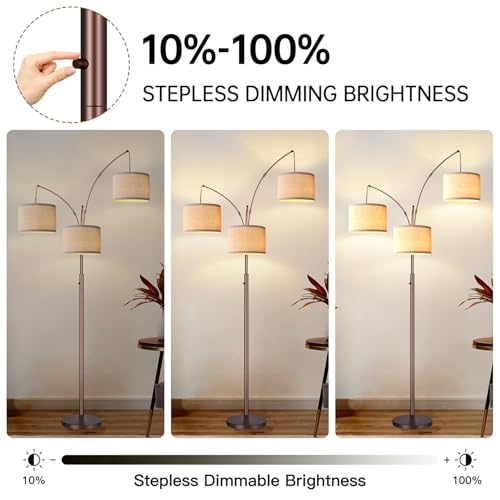 Dimmable Floor Lamp, 3 Lights Brown Arc Floor Lamp, Modern Tall Standing Tree Lamp with Beige Linen Shades & Heavy Base, 3000LM LED Bulbs, Bright Lighting for Living Room, Bedroom, Office & Reading - color: Brown-Beige Linen Shade