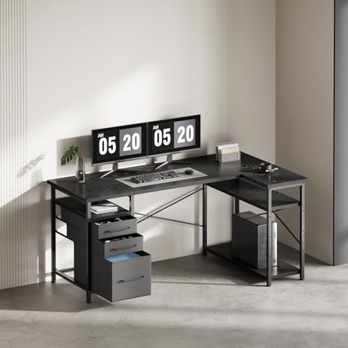 L Shaped Desk with Drawers, Office Desk with Storage Shelves, Black | 55in Desktop, Sturdy Metal Frame, Adjustable Pads, Corner Desk, Computer & Writing Desk, Compact Gaming Workstation - color: Black, size: 55Inches