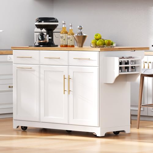Kitchen Island with Trash Can Storage & Pull-Out Trays | Solid Rubberwood Countertop Kitchen Island on Wheels, Drop Leaf, Power Outlet, 3 Drawers - color: White