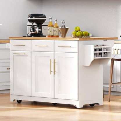 Kitchen Island with Trash Can Storage & Pull-Out Trays | Solid Rubberwood Countertop Kitchen Island on Wheels, Drop Leaf, Power Outlet, 3 Drawers - color: White