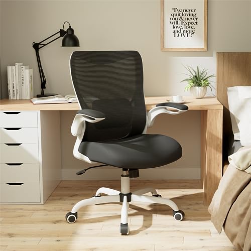 Office Chair, Ergonomic Desk Chair with Adjustable Lumbar Support and Flip up Armrest, Breathable Mesh Computer Chair for Home Office, White - color: White