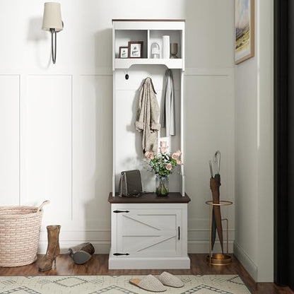 HOMCOM 3-in-1 Hall Tree with Shoe Storage, Shoe Bench, White Wood Grain | Standing Coat Rack, Entryway Furniture, Three Hooks - color: White Wood Grain