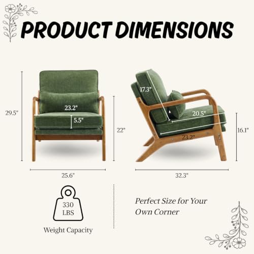 Karl home Mid-Century Modern Accent Reading Chair, Olive Green | Chenille Upholstered, Solid Wood Frame, Soft Cushion, Lumbar Pillow, Lounge Armchair for Living Room, Bedroom, Balcony, Study - color: Chenille Olive Green