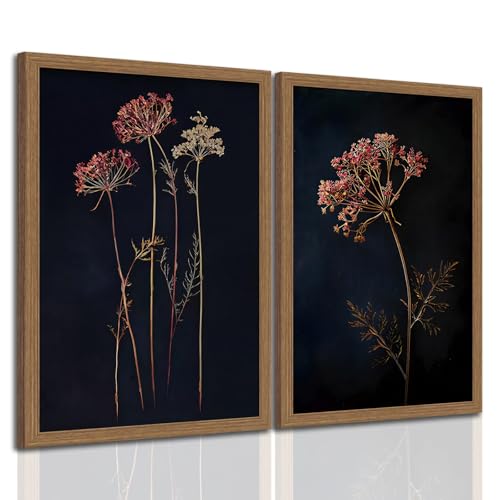 2Pcs Framed Vintage Moody Botanical Wall Art Dark Dried Flower Minimalist with Paintings Rustic Floral Poster Picture Prints Decor for Farmhouse Living Roomor Bedroom 16x24in - color: Elegant Flower, size: 16x24 Inches