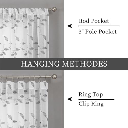 Tollpiz Grey Leaf Sheer Tier Curtain Kitchen 30 x 36 Inches | Leaves Embroidered Curtains Rod Pocket Voile Bathroom Window Treatment for Cafe, Set of 2 Panels - color: Grey, size: 30"W x 36"L (Pack of 2)