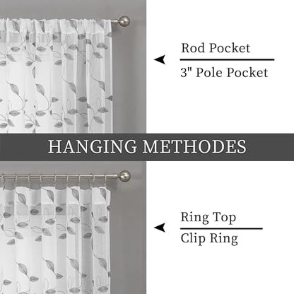 Tollpiz Grey Leaf Sheer Tier Curtain Kitchen 30 x 36 Inches | Leaves Embroidered Curtains Rod Pocket Voile Bathroom Window Treatment for Cafe, Set of 2 Panels - color: Grey, size: 30"W x 36"L (Pack of 2)
