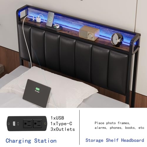 Full Size Upholstered Headboard with LED Lights & Charging Station, PU Upholstery, Full Headboard Only, Height Adjustable, Attach Frame, Sturdy and Stable, Easy Assembly - color: Black, size: Full