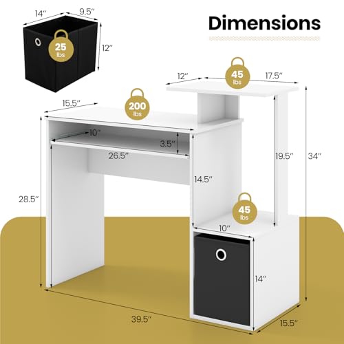 Tangkula Computer Desk with Fabric Drawer & Keyboard Tray, Space-Saving Study Writing Desk with Open Storage Shelves & Printer Stand, Modern Home Office Computer Workstation for Small Spaces (White)