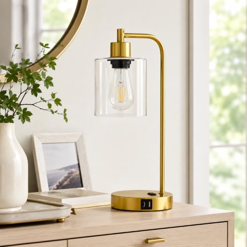 Industrial Touch Control Table Lamps Set of 2 - Gold Nightstand Bedside Lamps with 2 USB Ports & AC Outlet, 3-Way Dimmable Desk Lamp for Bedroom Living Room, Glass Shade & 2 LED Bulbs Included - color: Gold(2 Pack) - Clear Glass-Touch Control