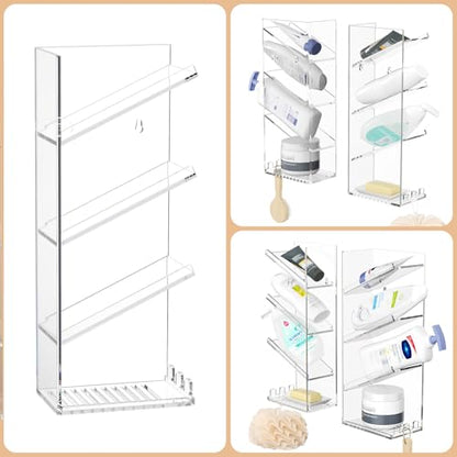 AITEE Acrylic Bathroom Organizer Caddy Shampoo Holder Combination Shelf | No drilling, wall mounted with drain holes, inclined shelf, bathroom, acrylic, rustproof, for bathroom toiletries - style: Combination Shelf