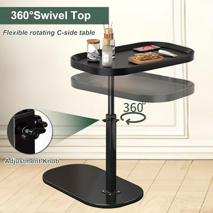 Adjustable Height C Shaped Side Table, Couch Tables That Slide Under, C Side Table Raised Edge, 360°Swivel C Shaped End Table, Small Coffee C Table, End Table for Sofa/Bed/Bathtub - color: Walnut
