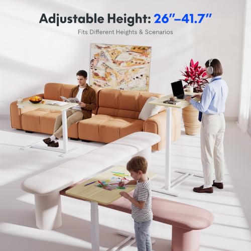 FLEXISPOT H7 28" Pneumatic Height-Adjustable Overbed Table with Wheels | C-shaped bedside table TV Tray,Medical End Side Table,Laptop desk for sofa and home office use,27.6"W x 15.7"D,White Wood - color: White Wood Grain, size: Small