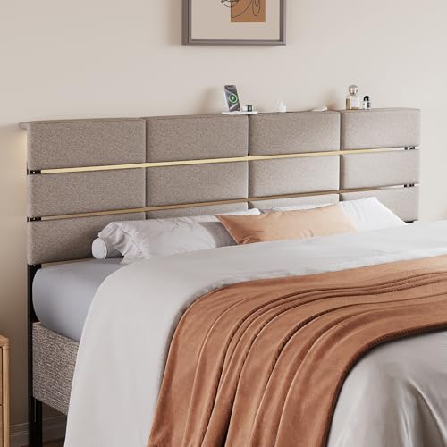 King/Cal King Size Upholstered Headboard, Adjustable Head Boards with LED Light & Charging Station, Bed Headboard Only, Attach Frame, Ideal for Bedroom, Dorm, Guest Room, Beige - color: Beige, size: King/Cal king