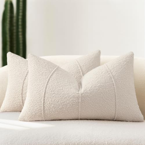 YCOLL Textured Boucle Throw Pillow Covers 12x20 Pack of 2 - Soft Neutral Striped Cushion Covers, Cozy Accent Decorative Pillow Covers for Couch, Sofa, Bed, Living Room (Beige) - color: Beige, size: 20" x 12" (Pack of 2)