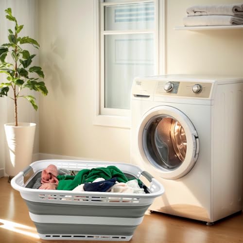 SAMMART 42L (11 Gallons) Collapsible Plastic Laundry Basket - Foldable Pop Up Storage Container/Organizer - Portable Washing Tub - Space Saving Hamper/Basket [BPA Free] (White/Grey) - color: White/Grey