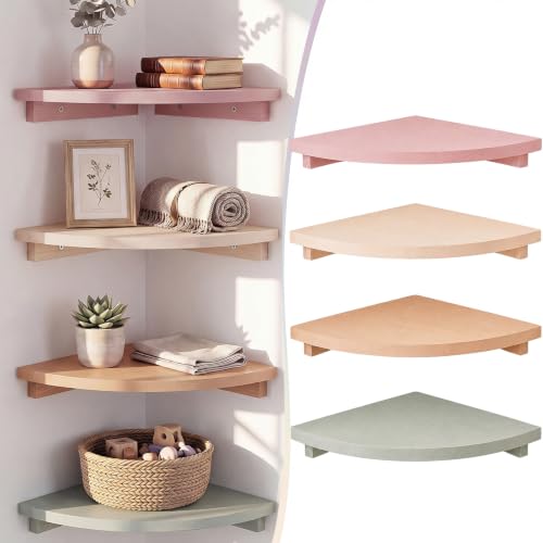 RattanView Morandi Floating Corner Shelf Set of 4, Colorful Rounded Shelves Wall Mounted for Bathroom Bedroom Kitchen, Soft Wood Corner Shelves for Small Spaces Apartment Decor - color: Morandi