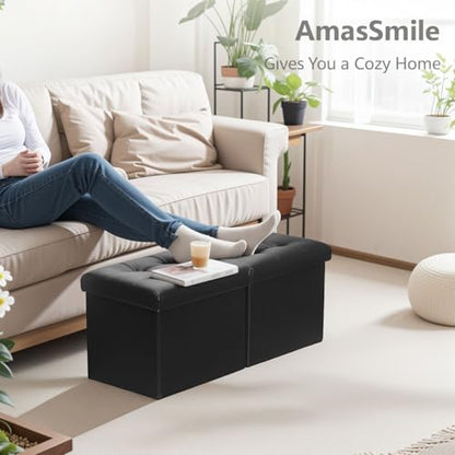 AmasSmile Footrest Ottoman Storage Bench,34" Leather Folding Chest,Black | Large Ottoman with Storage,Thicker Foam Padded Seat,Livingroom,Dorm,Bedroom,Entryway,Easy to install,34 x 13 x 13in - color: Black-leather