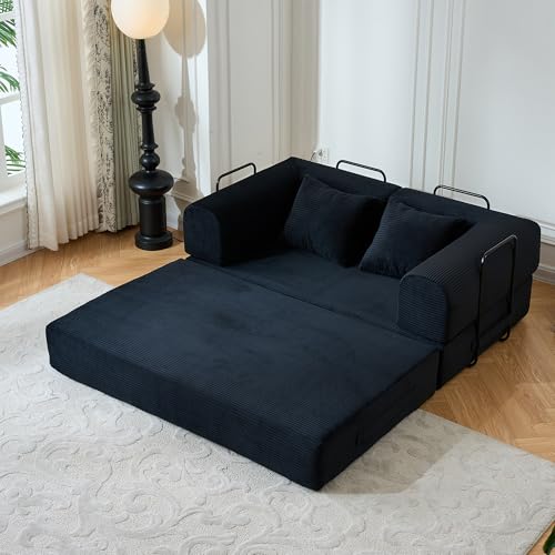 Convertible Sleeper Sofa Bed with Cylindrical Pillows, Corduroy Folding Mattress Couch, Fixed-Shape Metal Frame,Floor Lounge Loveseat for Living Room,Bedroom,Apartment,Guest Space (Black,Loveseat) - color: Black, size: 59.06"L x 35.43"W x 26.77"H