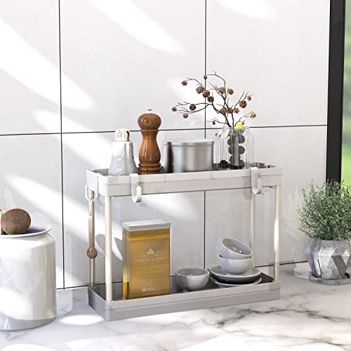 Simple Houseware 2-Tier Under Sink Organizer Storage Tray with Hooks, White - color: White