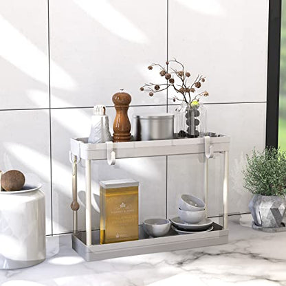 Simple Houseware 2-Tier Under Sink Organizer Storage Tray with Hooks, White - color: White
