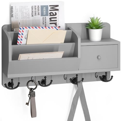 Rebee Vision Key Holder Wall Mount with Drawer, for Home Decor, Light Gray | Mail and Key Organizer for Wall, Drawer Storage, Hanging Hooks, Letter Organization, Apartment Essential, Home Decor Accent - color: Gray