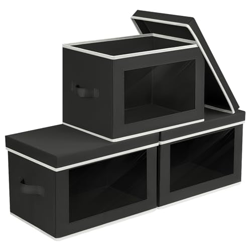 Storage Boxes with Lids - 3 Pack Fabric Clear Window Storage Bins, Collapsible Storage Bins with Lids, Linen Closet Organizer for Clothes, Towel, Blanket, Black - color: Black, size: L(3-Pack)
