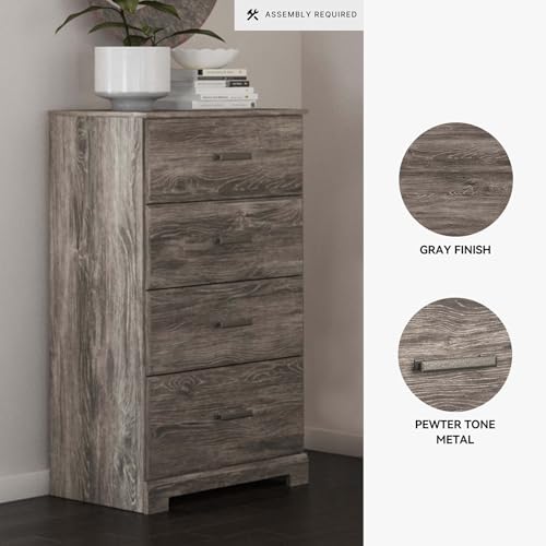 Signature Design by Ashley Ralinksi 4-Drawer Dresser Chest, Warm Gray | Engineered wood (MDF/particleboard/plywood) and decorative laminate, Rustic modern style, Replicated oak grain, Bedroom use - color: Grayish Brown, style: Chest of Drawers