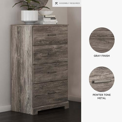 Signature Design by Ashley Ralinksi 4-Drawer Dresser Chest, Warm Gray | Engineered wood (MDF/particleboard/plywood) and decorative laminate, Rustic modern style, Replicated oak grain, Bedroom use - color: Grayish Brown, style: Chest of Drawers