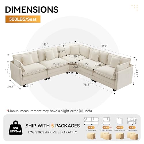 113'' V Shaped Cloud Sectional Sofa, Oversized Deep Seat Couches for Living Room, Chenille Comfy Upholstered Modular Sectional Sofa Couch, Beige - color: Beige, size: 113'' V Shape