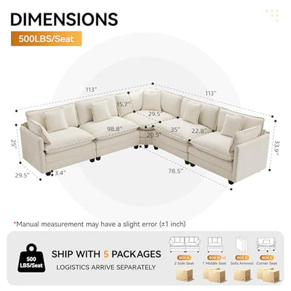 113'' V Shaped Cloud Sectional Sofa, Oversized Deep Seat Couches for Living Room, Chenille Comfy Upholstered Modular Sectional Sofa Couch, Beige - color: Beige, size: 113'' V Shape