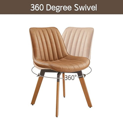 Mid Century Upholstered Swivel PU Dining Chairs Set of 2 Red Brown | 360° swivel curved foam-padded seat armless design dining room chairs accent chairs solid wood legs floor protection pads - color: Red Brown, size: Set of 2-PU