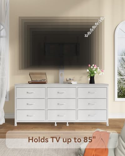 TV Stand with Mount for 32/55/65/75/85 inch TVs, Entertainment Center with 9 Fabric Drawers Dresser Storage, Height Adjustable Media Console - color: White