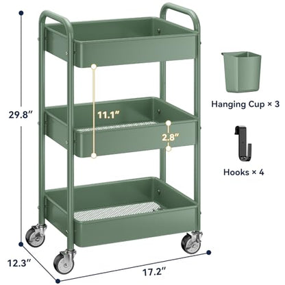 3-Tier Rolling Cart, Green, 66 Pounds Capacity, Mesh Storage Organizer with Lockable Wheels, 3 Hanging Cups, 4 Hooks, Easy Assembly, for Kitchen, Bathroom, Laundry, Grocery | Sturdy Rolling Storage Cart With Hooks & Hanging Cups, Great For Craft, Art Work