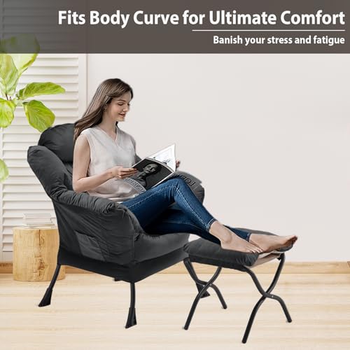 Youtanic Lazy Chair with Folding Ottoman, Accent Chair Velvet Upholstered with Metal Structure and Non-Slip Pads, Sofa Armchair with Footrest and Side Storage Bag for Dorm, Office, Charcoal - color: Charcoal