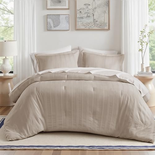 Madison Park Essentials Striped Comforter Set Full, 7 Pieces Modern Minimalist Jacquard Bedding Set for All Season, Bed in A Bag with Sheet Set and Soft Brushed Reverse, Lightweight Neutral - color: Neutral, size: Full