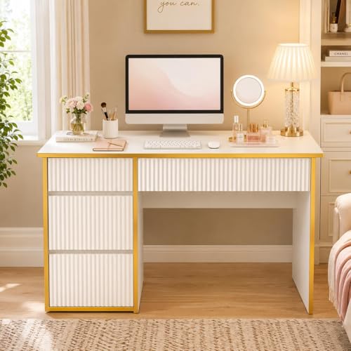 4 EVER WINNER 47-Inch Fluted Computer Desk with 4 Drawers, White and Gold | Compact Home Office Desk with 4 Storage Drawers, Including a Deep File Drawer, White and Gold Desk for Bedroom, Small Spaces - color: White and Gold
