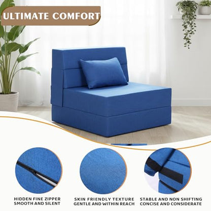 Fvkind Folding Sofa Bed with Pillow, Washable Cover, Single Size, Blue | Linen-Like Fabric - Foldable Space-Saving Design - Portable Guest Bed - Living Room & Apartment - Adults & Guests - color: Blue, size: Single