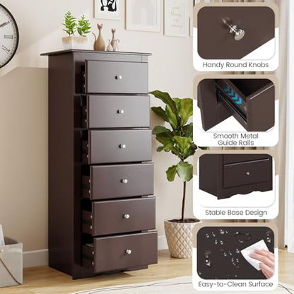 GIANTEX 6-Drawer Dresser for Bedroom, Wooden Chest of Drawers w/Metal Handles & Large Capacity, 16" D x 23.5" W x 53.5" H Clothes Organizer, Modern Tall Dresser for Bedroom, Entryway, Living Room - color: Brown