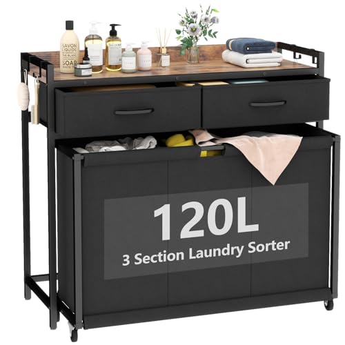 STIKELY Laundry Hamper Laundry Basket with 3 Section Pull-Out Rolling Bags, Laundry Sorter for Organization and Storage with 2 Pull-Out Drawers for Laundry Room, Bathroom, Bedroom Use (Rustic Brown) - color: Brown+Black, size: 32.68'' x 31.81'' x 12.6''