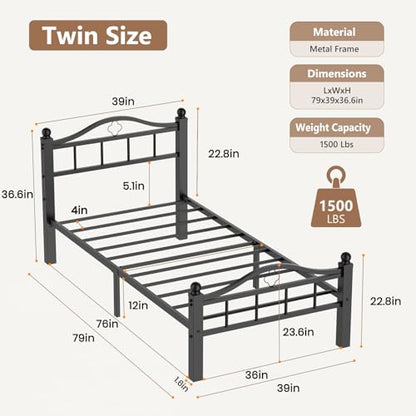 Metal Twin Bed Frame with Headboard | Noise-Free Design, 12” Underbed Storage, Heavy Duty with Headboard, No Box Spring Needed, Tool-Free Assembly - color: Twin -Black