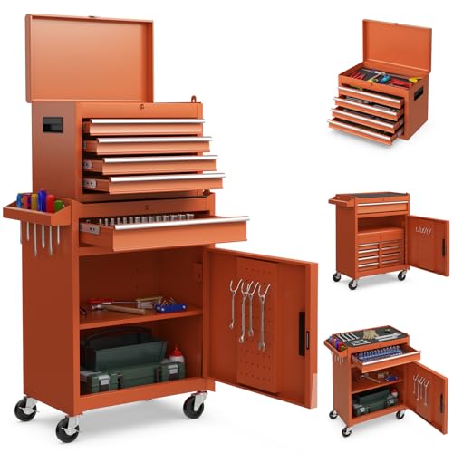 Goplus Tool Chest, 5 Drawers Rolling Tool Cabinet with Detachable Top Toolbox, Universal Lockable Wheels, Lock Bar, Protective Liner & Tool Rack, Metal Tool Storage Cart, Tool Box for Garage Workshop - color: Orange, style: 5-Drawers
