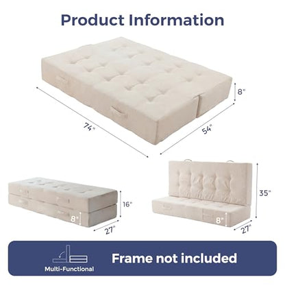 MAXYOYO Foldable Mattress, 8-Inch Tufted Futon Mattress with Handles | Tufted Floor Sofa Bed and Versatile Mattress, Carry Handles for Living Rooms or Guest Rooms, Frame Not Included, Beige - color: Beige