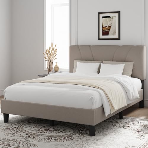 Novilla Queen Bed Frame with Headboard, Bed Frame Queen Size with Wood Slats Support,Linen Upholstered Adjustable Headboard, No Box Spring Needed, Heavy Duty Feet, Easy Assembly, Beige - color: Beige, size: Queen