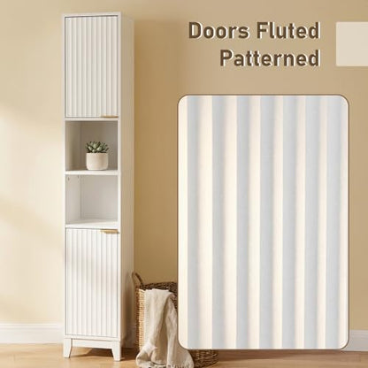 VINGLI White Fluted Tall Narrow Bathroom Cabinet, 67" Slim Freestanding Storage Cabinet for Small Spaces, Wood Linen Tower Floor Cabinet with 2 Doors, Open Shelves & Soft-Close Hinges