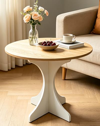 Modern Round Side Table 24in Accent End Table Coffee Table with Walnut Wood Grain Tabletop & White Curved Base for Living Room Bedroom Sofa Corner, Pedestal Nightstand for Indoor/Outdoor - color: 24in-walnut+white